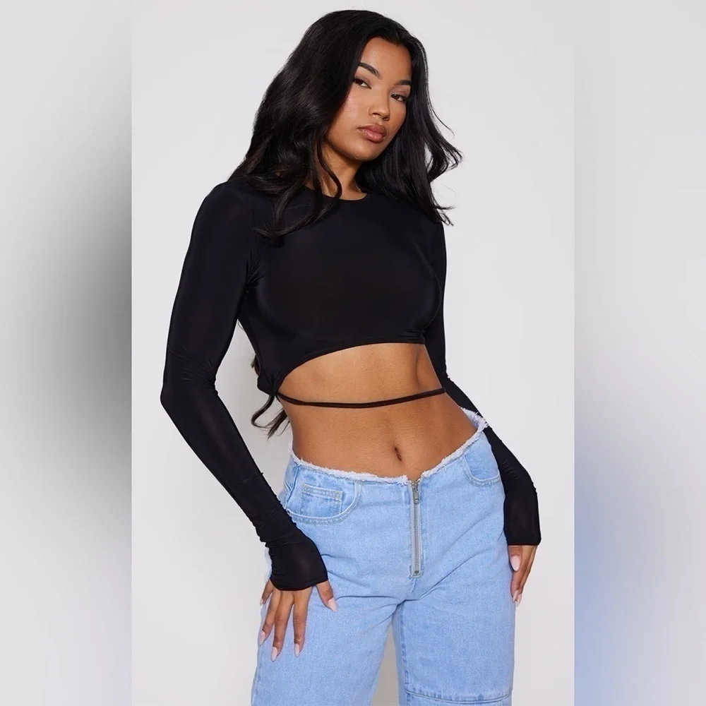Pretty Little Thing Black Slinky Long Sleeve Crop Top Size 6